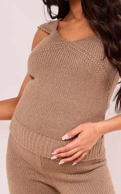 Maternity Taupe Short Sleeve Knitted Top