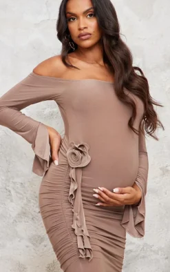 Maternity Taupe Slinky Off The Shoulder Flower Detail Maxi Dress