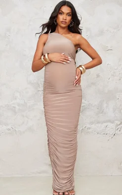 Maternity Taupe Slinky One Shoulder Ruched Maxi Dress