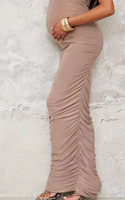 Maternity Taupe Slinky One Shoulder Ruched Maxi Dress