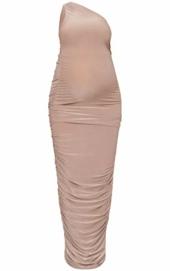 Maternity Taupe Slinky One Shoulder Ruched Maxi Dress