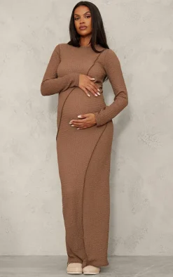 Maternity Taupe Textured Seam Detail Long Sleeve Maxi Dress