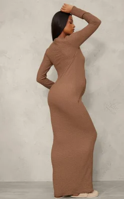 Maternity Taupe Textured Seam Detail Long Sleeve Maxi Dress