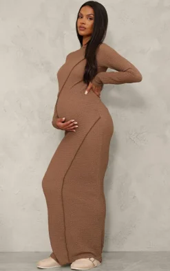 Maternity Taupe Textured Seam Detail Long Sleeve Maxi Dress