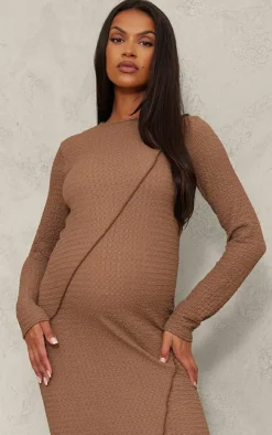 Maternity Taupe Textured Seam Detail Long Sleeve Maxi Dress