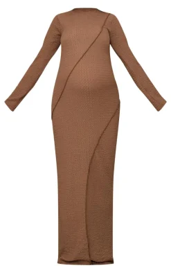 Maternity Taupe Textured Seam Detail Long Sleeve Maxi Dress