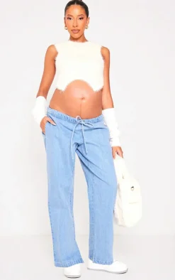 Maternity Washed Blue Under Bump Drawstring Straight Leg Jeans