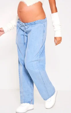 Maternity Washed Blue Under Bump Drawstring Straight Leg Jeans