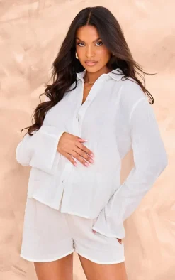 Maternity White Cheesecloth Mid Rise Shorts