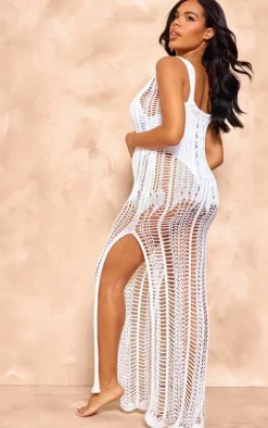 Maternity White Open Crochet Knit V Neck Maxi Dress