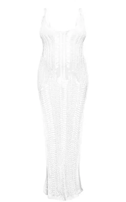 Maternity White Open Crochet Knit V Neck Maxi Dress