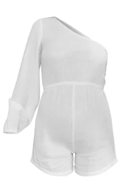 Maternity White Shirred Cheesecloth One Shoulder Romper