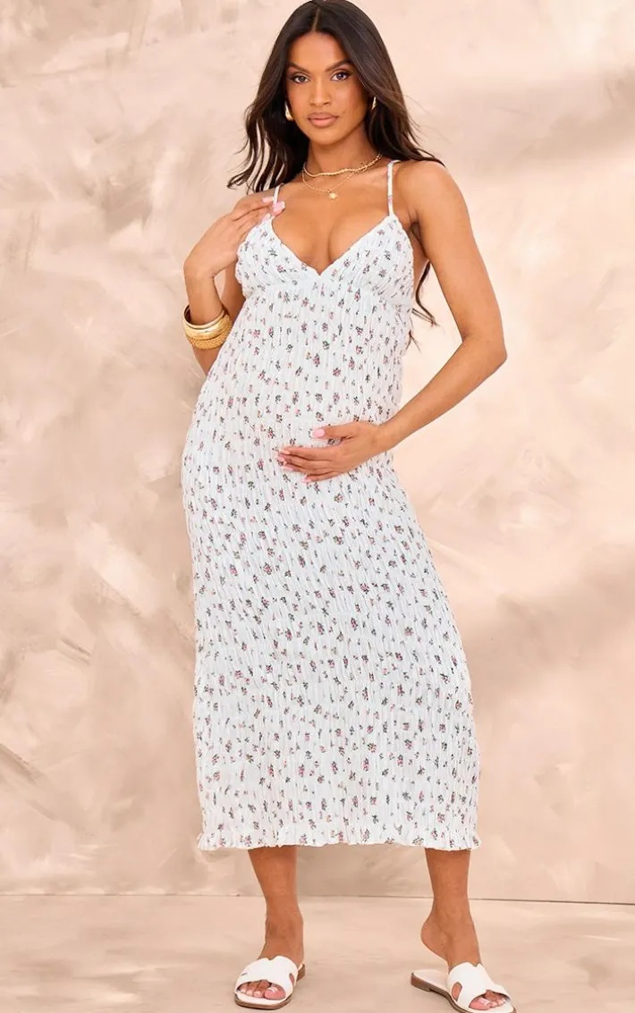 Maternity White Shirred Floral Detail Midi Dress