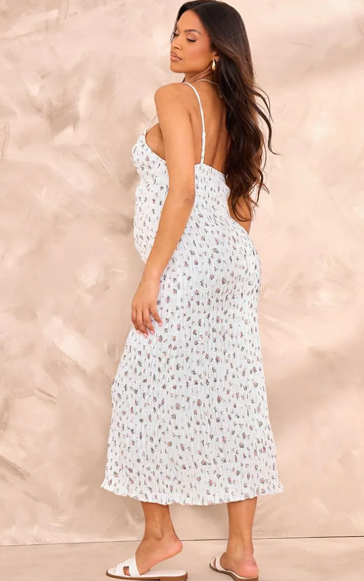 Maternity White Shirred Floral Detail Midi Dress