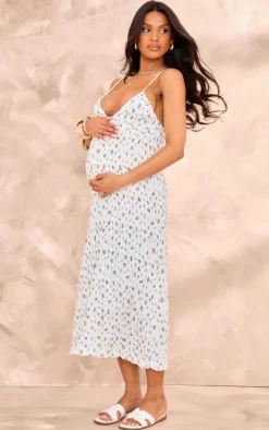 Maternity White Shirred Floral Detail Midi Dress