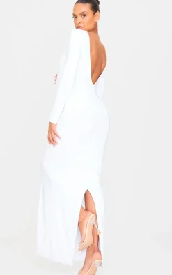 Maternity White Slinky Long Sleeve Open Back Maxi Dress