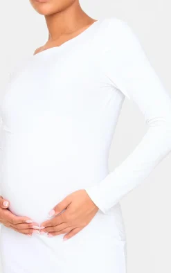 Maternity White Slinky Long Sleeve Open Back Maxi Dress