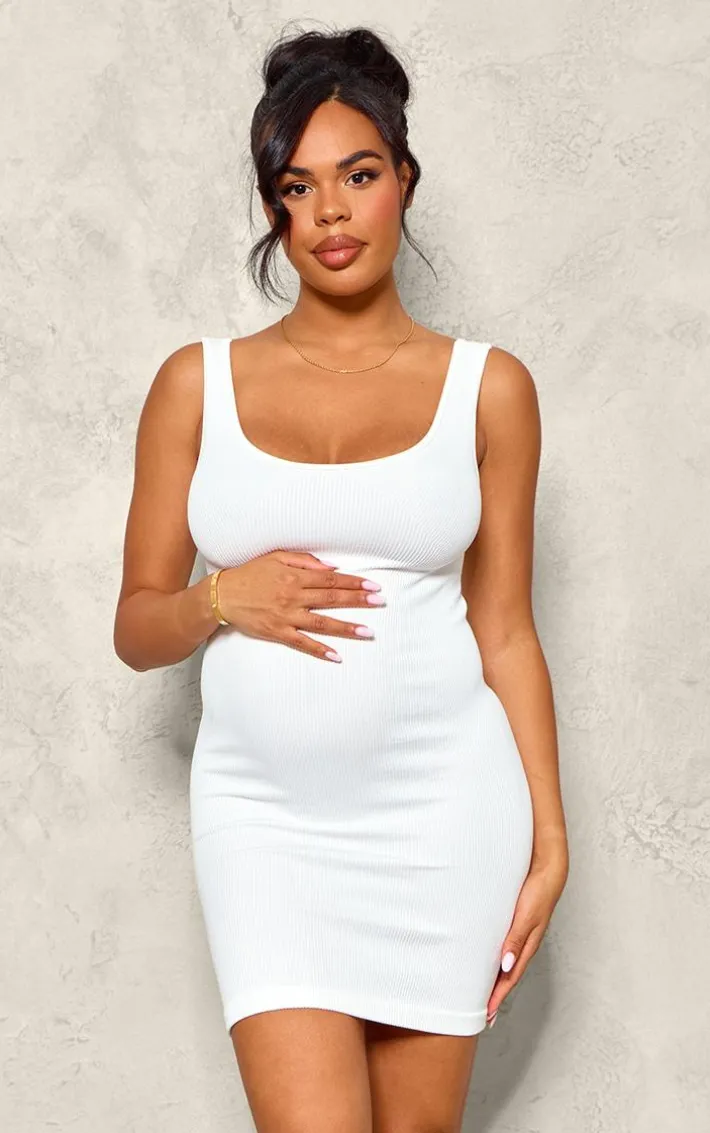 Maternity White Strappy Snatched Rib Mini Dress