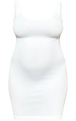 Maternity White Strappy Snatched Rib Mini Dress