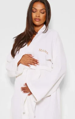 Maternity White Waffle Mama Embroidered Robe