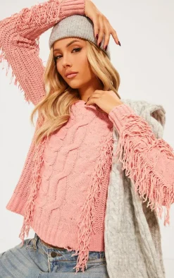 Mauve Chenille Long Sleeve Cable Knit Pullover Sweatshirt