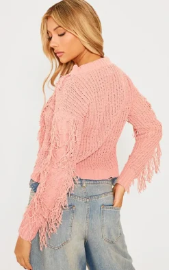 Mauve Chenille Long Sleeve Cable Knit Pullover Sweatshirt