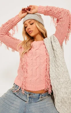 Mauve Chenille Long Sleeve Cable Knit Pullover Sweatshirt