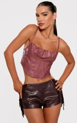 Mauve Faux Leather Ruched Bust Boned Dip Hem Corset
