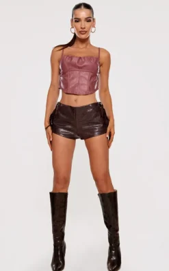 Mauve Faux Leather Ruched Bust Boned Dip Hem Corset