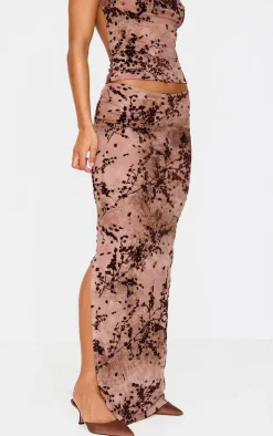Mauve Floral Print Devore Mesh Ruched Maxi Skirt