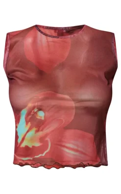 Mauve Flower Printed Mesh Long Top