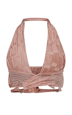 Mauve Plisse Ring Detail Wrap Around Crop Top