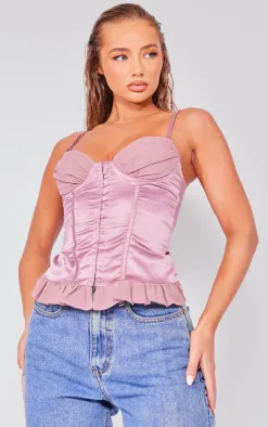 Mauve Satin Chiffon Bust Insert Hook And Eye Frill Hem Corset