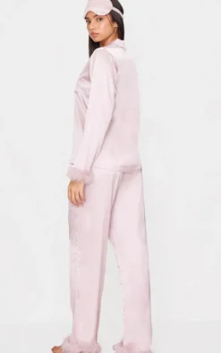 Mauve Satin Feather Trim Long Pj Set