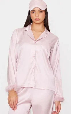 Mauve Satin Feather Trim Long Pj Set