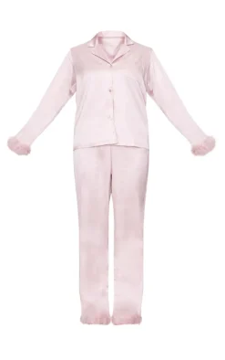 Mauve Satin Feather Trim Long Pj Set