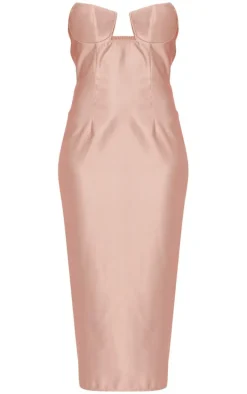 Mauve Satin V Bar Bandeau Midi Dress