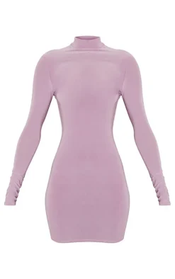 Mauve Slinky Cut Out Cross Back Long Sleeve Bodycon Dress