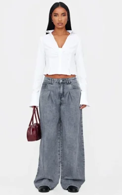 Mid Blue Acid Wash Box Pleat Wide Leg Jeans