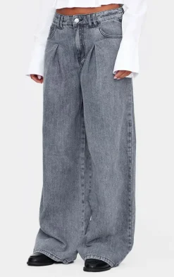 Mid Blue Acid Wash Box Pleat Wide Leg Jeans