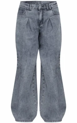 Mid Blue Acid Wash Box Pleat Wide Leg Jeans