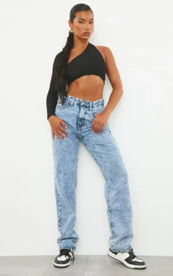 Mid Blue Acid Wash High Waist Straight Leg Jeans