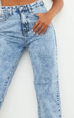 Mid Blue Acid Wash High Waist Straight Leg Jeans