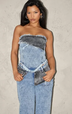 Mid Blue Acid Wash Layered Raw Hem Bandeau Denim Top