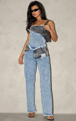 Mid Blue Acid Wash Layered Raw Hem Bandeau Denim Top
