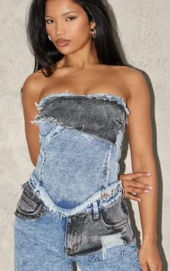 Mid Blue Acid Wash Layered Raw Hem Bandeau Denim Top