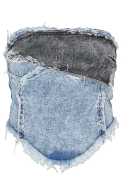 Mid Blue Acid Wash Layered Raw Hem Bandeau Denim Top