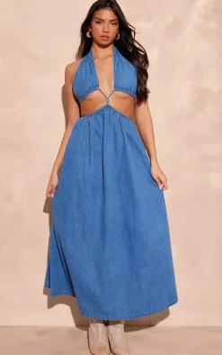 Mid Blue Denim Cut Out Cross Front Maxi Dress