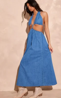 Mid Blue Denim Cut Out Cross Front Maxi Dress