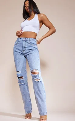 Mid Blue Vintage Wash Ripped Straight Leg Jeans